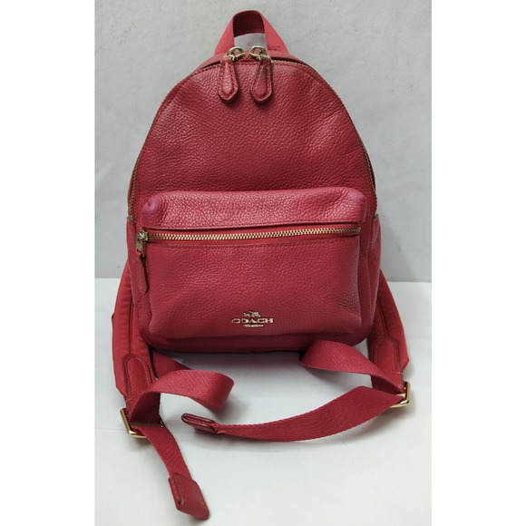Coach Mini Charlie Red Pebbled Leather Front Pocket Zipper Closure Backpack - Picture 2 of 16